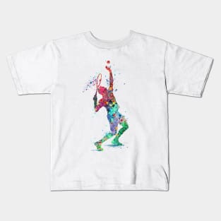 Tennis Boy Player Colorful Watercolor Tennis Serve Sports Gifts Kids T-Shirt